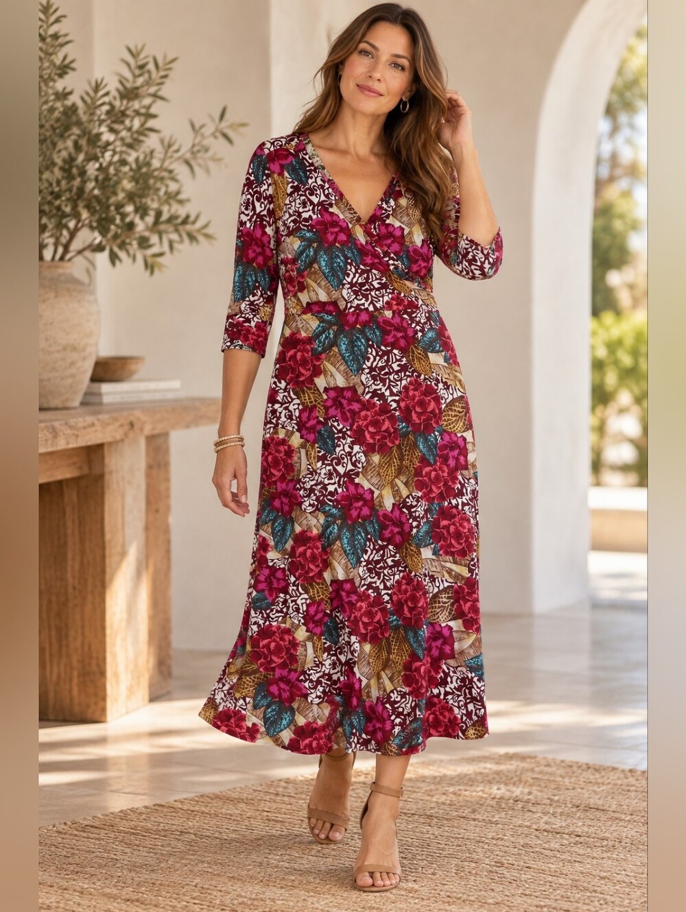 Soft Surroundings Petite Large Floral Faux Wrap Maxi Dress 3/4 Sleeve Boho
